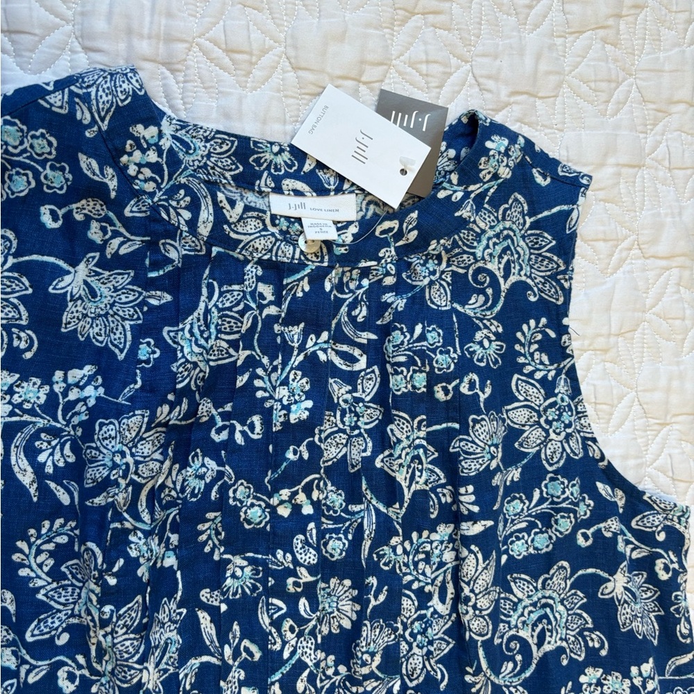 NWT Linen Blue Floral Pintuck Dress JJill - Picture 5 of 8